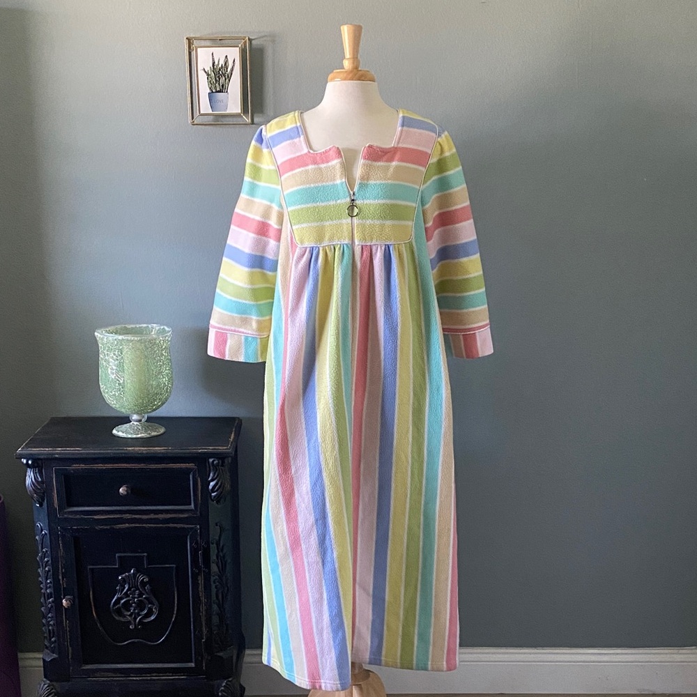 Vintage Woman’s Pastel Striped Long Sleeve House Coat - Rainbow Stripe